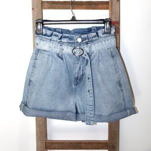 SHEIN Paperbag Waist Denim Belted Shorts w/Rolled Cuffs